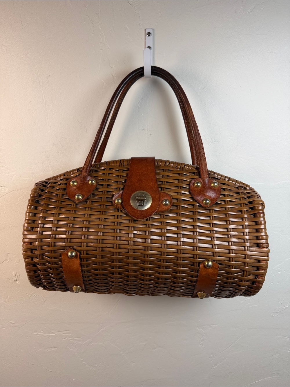 Vintage Woven Brown Wicker Tote with Leather Trim